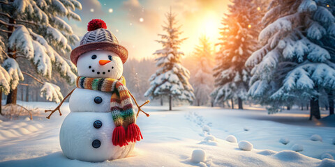 Obraz premium cheerful snowman stands tall in serene winter wonderland, surrounded by snow covered trees and warm, glowing sunset. scene evokes sense of joy and tranquility