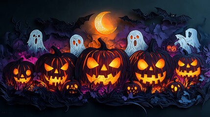 Fototapeta premium Jack-o'-lanterns glowing in the night, paper-cut design, their faces eerie and menacing, surrounded by swirling ghosts, crescent moon shining above, bats flapping overhead,