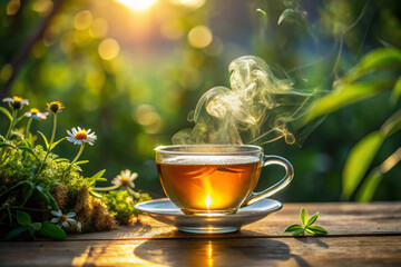 delicate cup of herbal tea emits steam, beautifully illuminated by warm sunlight. Surrounded by lush greenery and blooming flowers, this serene scene evokes sense of tranquility and relaxation