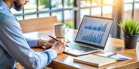 Modern Workspace with Laptop Displaying Social Media Analytics and Marketer Taking Notes - Medium Shot of Data Insights and Professional Jotting Down Ideas