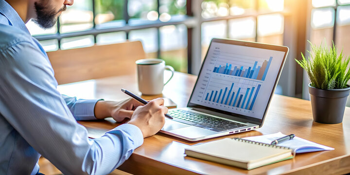 Modern Workspace with Laptop Displaying Social Media Analytics and Marketer Taking Notes - Medium Shot of Data Insights and Professional Jotting Down Ideas