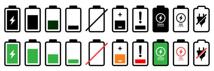 Battery fast charging features and issues icon set in black and colorful style. Battery icon set. Battery Full charge indicator or low charge sign. Level battery Energy powerfully full.
