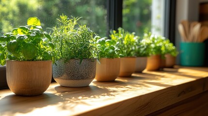 Cozy kitchen with fresh herbs on a windowsill, viewed from a corner perspective, showcasing the warmth and homey feel 