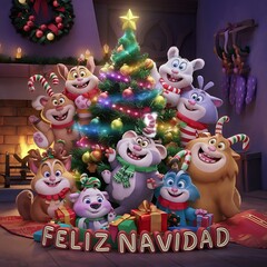 Naklejka premium Feliz Navidad árbol de Navidad perro, gato y ciervo merry Christmas dog and cat Winter tree Design Imágenes de perro, gato y ciervo en Navidad, 