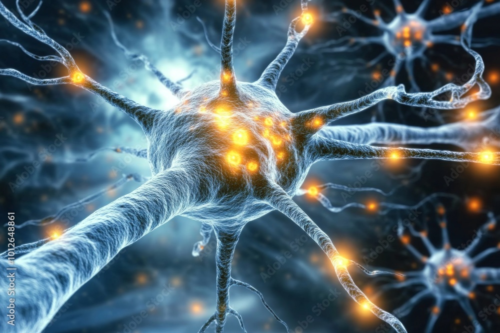 Poster close-up view of a glowing neuron highlighting synaptic connections.