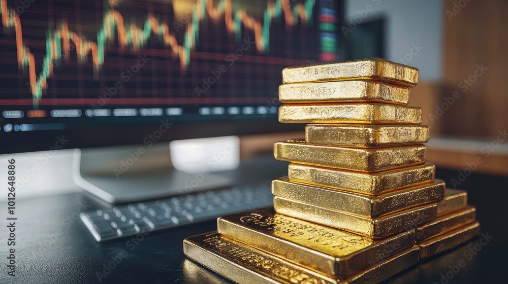 Poster gold bars stacked on a desk next to a computer displaying charts for trading in the precious metals 
