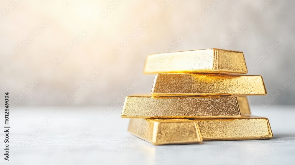 Poster gold bars stacked on a white surface, showing the rise in value and cost of precious metals. clean a