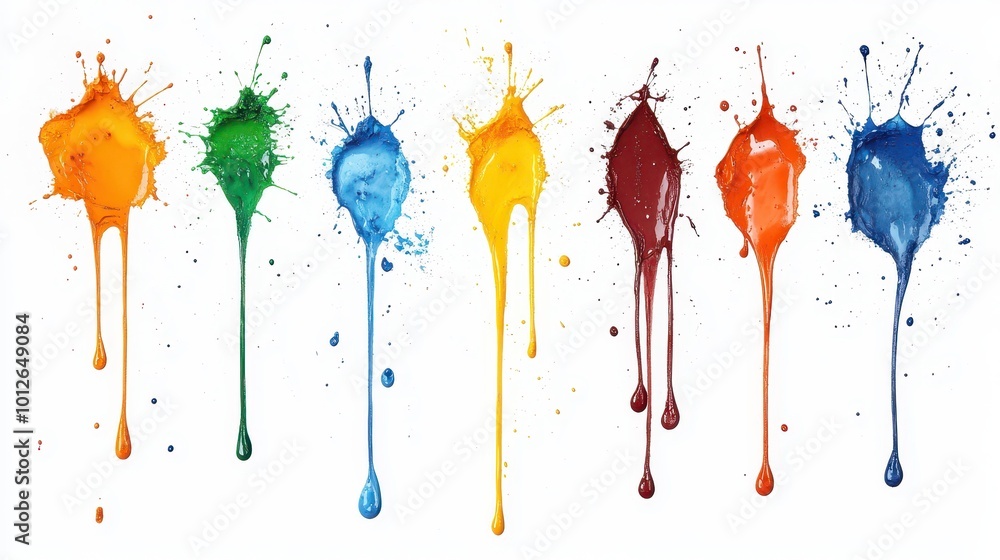 Poster splats splashes and blobs of brightly colored paint in different shapes drips isolated on white
