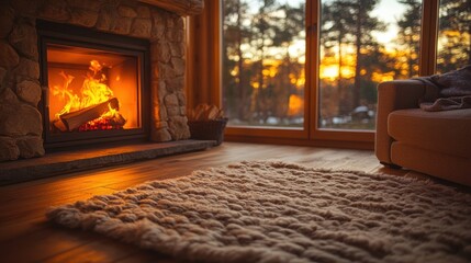 Cozy living room with a fireplace and armchair, viewed from a distance, emphasizing the warm and inviting atmosphere 