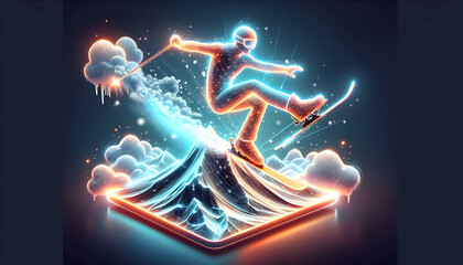 3D Glowing Skier Jumping Off Abstract Digital Mountain - Neon Lights & Radiant Snow Effects | Perfect for Winter Sports Advertising
