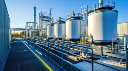 Obraz premium Hydrogen storage tanks at a clean energy facility, emphasizing the importance of hydrogen production in the fight for zero emissions technology. Room for business message. -
