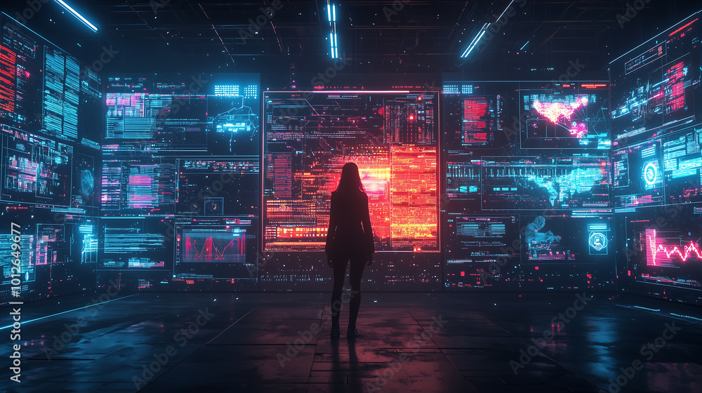 Poster woman standing in front of a futuristic digital wall with glowing data and ai driven analytics