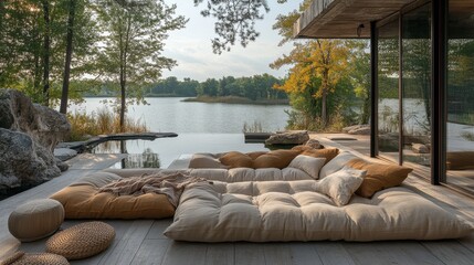 Cozy outdoor lounge with cushions and blankets, viewed from a distance, emphasizing the inviting atmosphere 