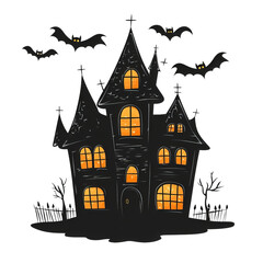 Halloween haunted house image simple silhouette in a cute cartoon style bold black lines