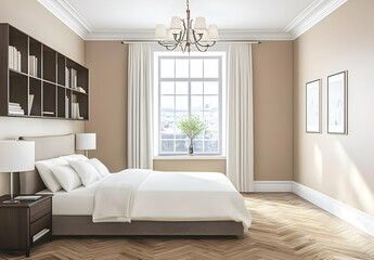 Fototapeta premium Modern Beige Bedroom with Parquet Flooring