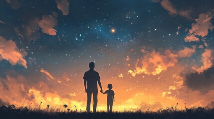 Obraz premium A meaningful silhouette of a father and son holding hands while gazing at a horizon, embodying the strength of their bond.