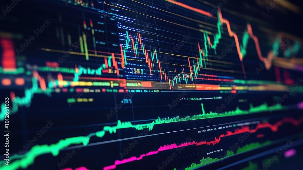Poster technical analysis interface on a computer screen, showing volume analysis and other key trading ind