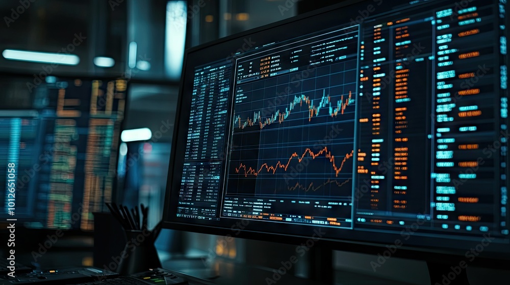Poster technical analysis interface on a computer screen, showing volume analysis and other key trading ind