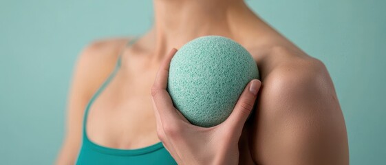 A person holding a soft massage ball against their shoulder, promoting relaxation and wellness.