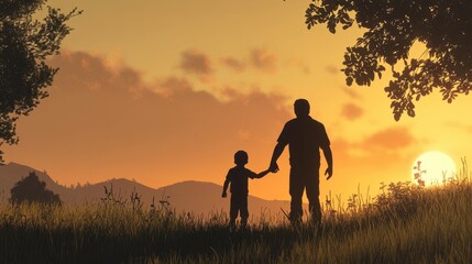 Fototapeta premium A meaningful silhouette of a father and son holding hands while gazing at a horizon, embodying the strength of their bond.
