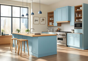 Fototapeta premium Modern Minimalist Kitchen with Light Blue Cabinets