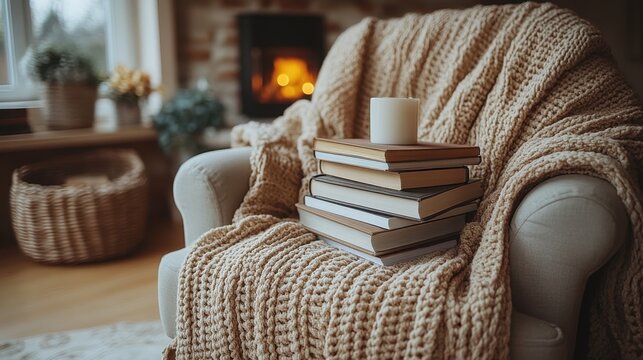 Cozy reading corner with a plush armchair and a stack of books, viewed from a low angle, emphasizing warm tones of beige and brown 