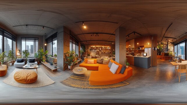 An immersive 360-degree equirectangular projection spherical panorama of a collaborative co-living space, with shared amenities, community-focused design, and