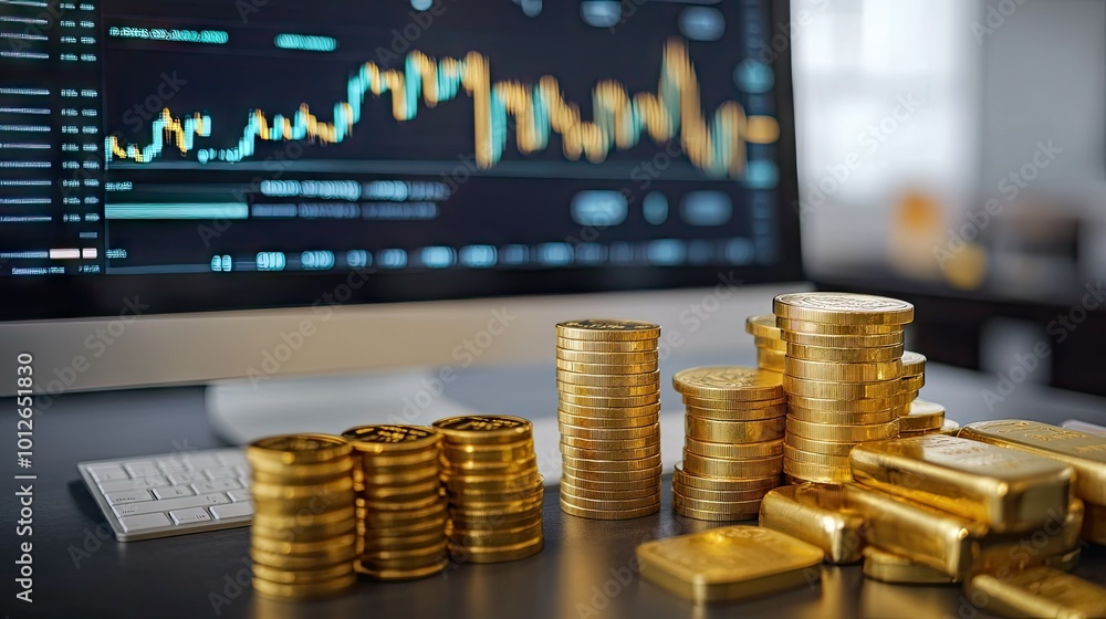 Poster trading platform on a computer screen showing gold market data, next to gold coins and bars on a des