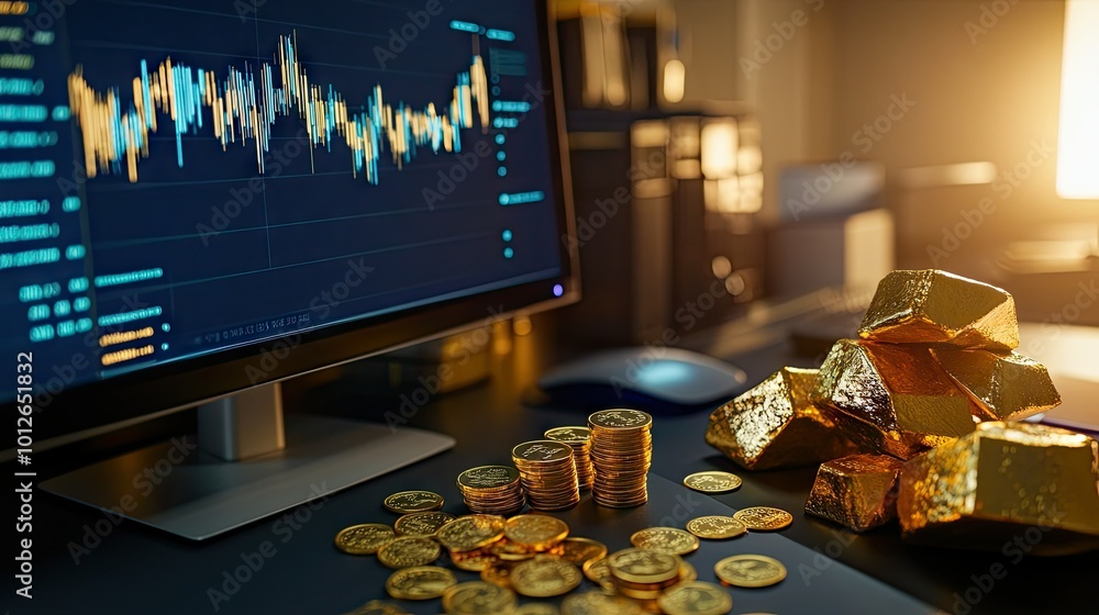 Poster trading platform on a computer screen showing gold market data, next to gold coins and bars on a des