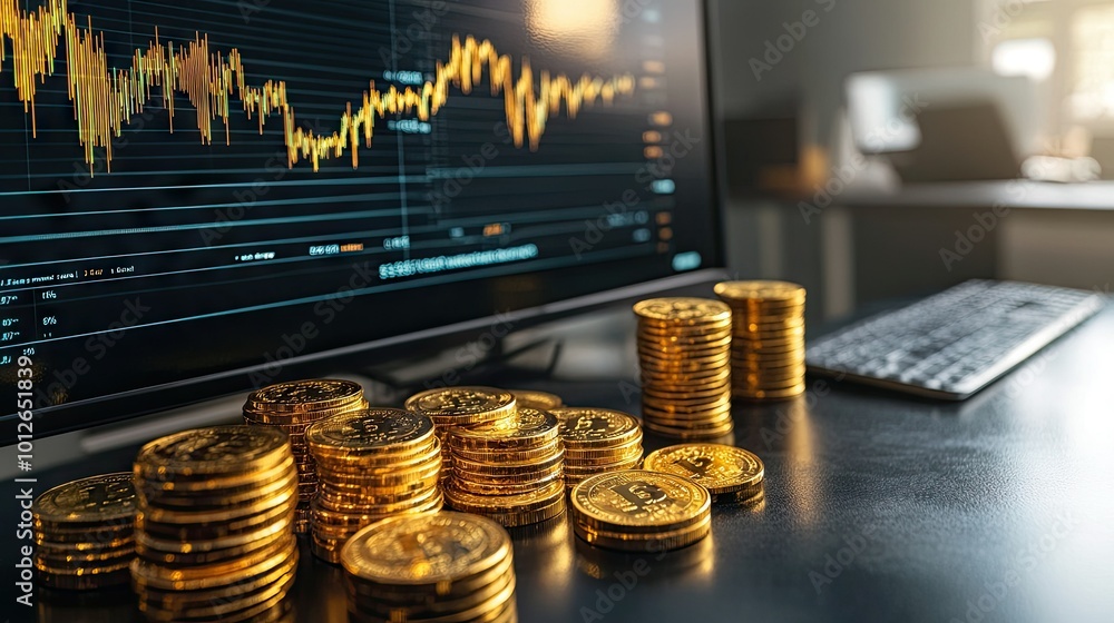 Poster trading platform on a computer screen showing gold market data, next to gold coins and bars on a des