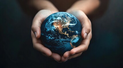 Fototapeta premium Two hands holding a globe, representing love, care, and protection of the world. Ideal for World Heart Day, health care,