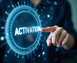 the human hand presses a virtual button with the inscription activation