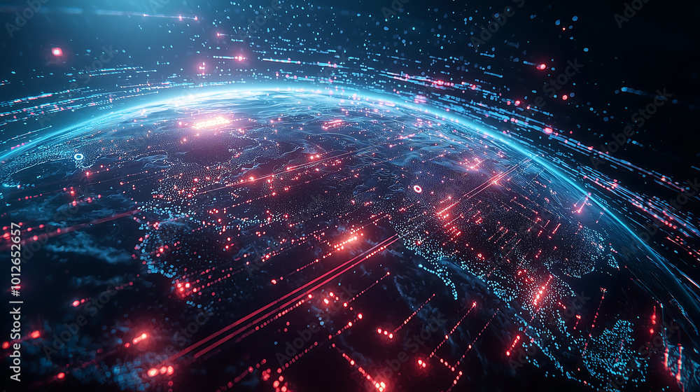 Poster futuristic digital globe representing global cybersecurity networks and data transmission