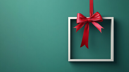 A decorative gift box framed with a red ribbon on a green background for Christmas Day celebration