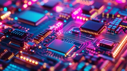 Obraz premium Close-up of a circuit board with glowing neon lights.