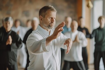 Male coach demonstrating Tai Chi movements to senior students in a group class