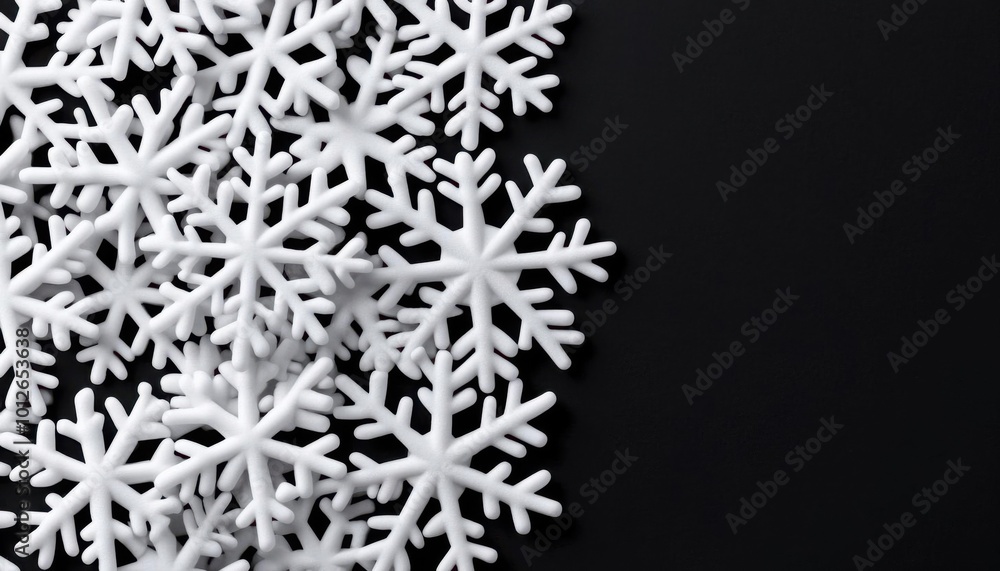 Poster abstract white snowflake patterns on a matte black background, creating a sharp, minimalist festive 