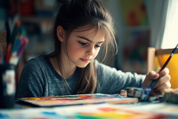 Girl painting at home with shallow focus