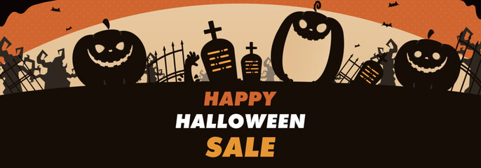 Obraz premium パンプキンとお墓で飾られたハロウィンのセール広告バナー背景テンプレート（オレンジ） Halloween Sale Ad Banner Background Template Decorated with Pumpkins and Graves (orange)