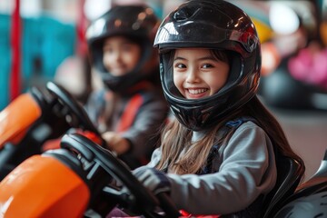 Girls driving Go karts at the beginning