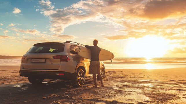 Person placing surfboard inside vehicle at the beach during a sunny day adventure