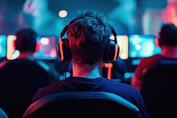Global esports competition in a gaming arena with young players wearing headphones