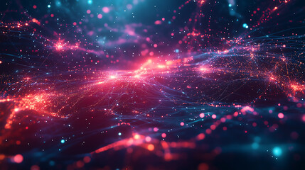 Fototapeta premium Abstract glowing digital network with bright neon lights and futuristic technology connections
