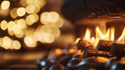Cozy Fireplace with Warm Glowing Lights and Logs