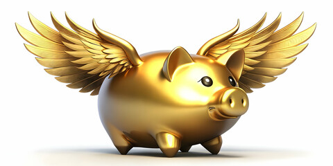 Flying Golden Piggy Bank: A Creative Symbol of Savings and Financial Security with Detailed Textures and Reflective Surfaces for Stock Photo Collection