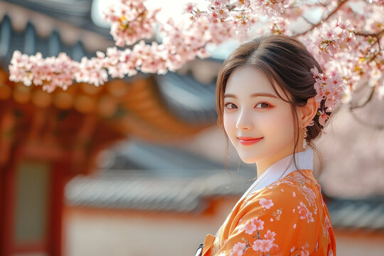 Korean woman smile wearing traditional korean hanbok cloth in cherry blossom