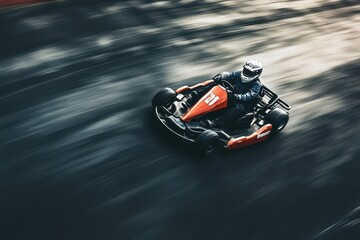 Go kart drivers speeding on the black track