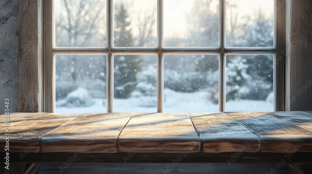 Aufkleber empty table and winter window in background