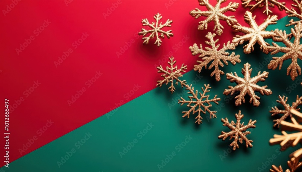 Poster deep red to dark green gradient with elegant golden snowflakes falling in the foreground