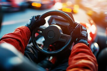 Go kart racer driving sportscar focus on hands on steering wheel